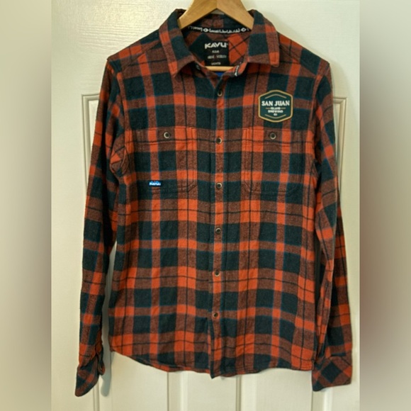 KAVU Plaid Flannel Shirt XS Red Black San Juan Island Brewing Co. Cotton - Picture 1 of 12